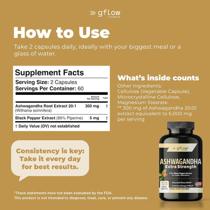 Ashwagandha Supplements for Women and Men | Sleep, Mood and Energy Support | Extra Strength, Vegan Friendly, Non-Gmo, Made in USA